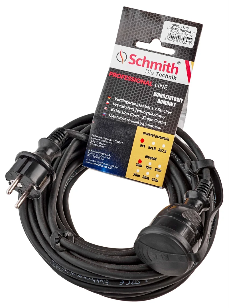 Przedłużacz gumowy 3x2,5mm, 20m, czarny Schmith SPPLJ-3-20